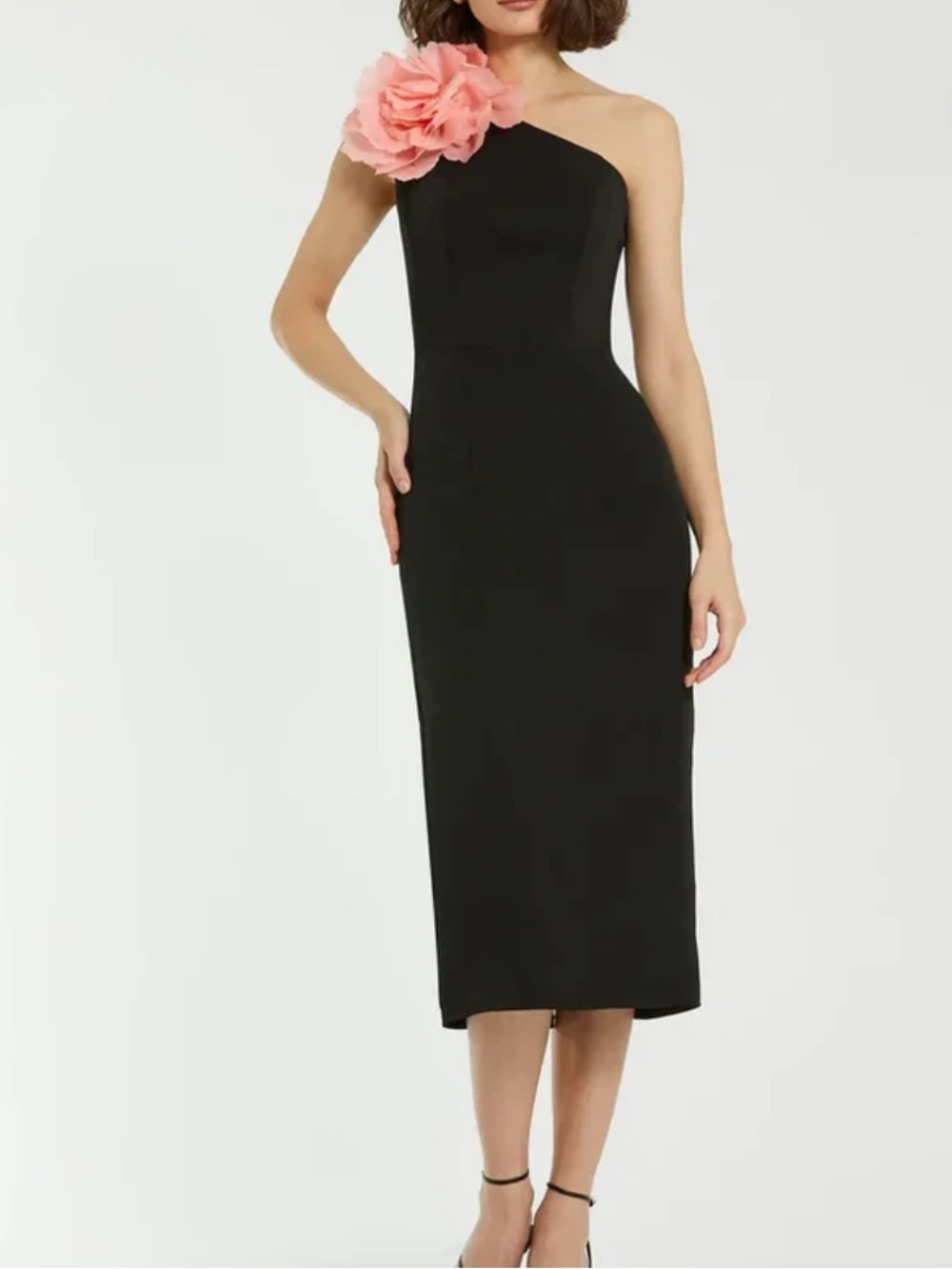 Mac Duggal Black Crepe One Shoulder Midi Dress With Flower